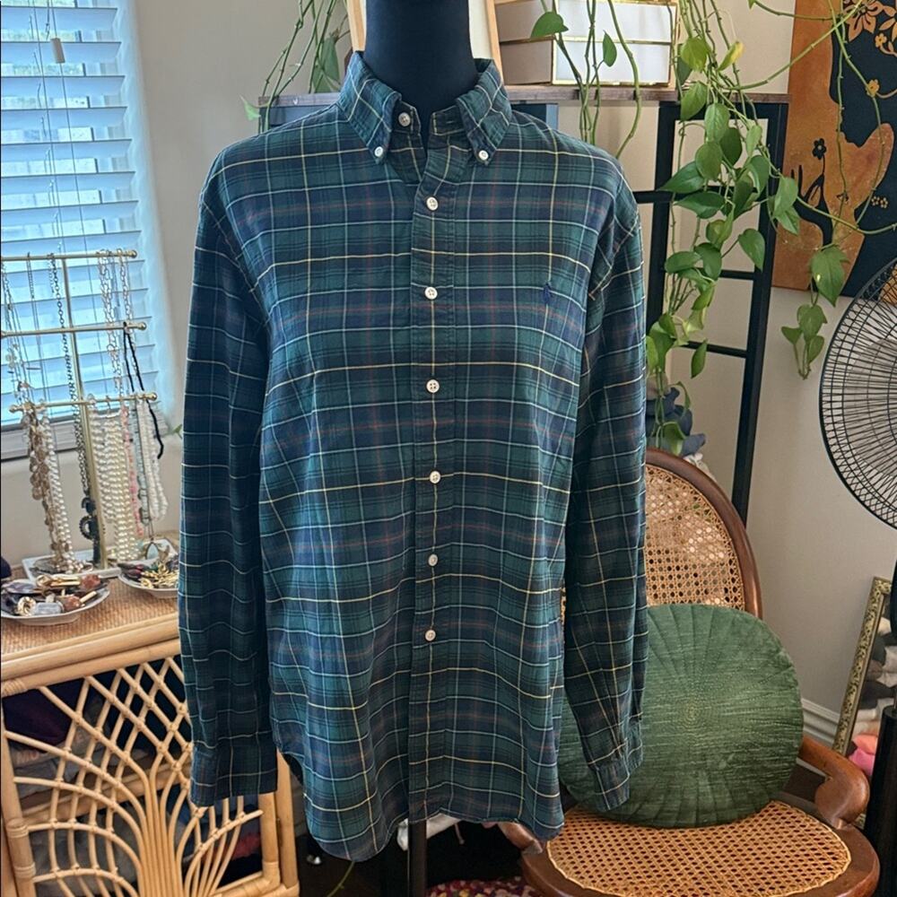 Vintage 80s Polo Ralph Lauren Men’s Preppy Green Tartan Plaid Button Up Shirt
